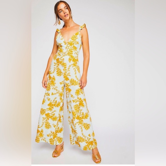 Free People Be The One Jumpsuit | Size 2 | Pale Blue-Green with Rust Floral - Picture 1 of 14
